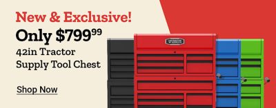 New and exclusive 42 in. Tractor Supply Tool Chest, only $799.99, available in black, red, blue, and green.