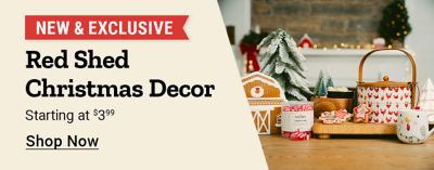 New and exclusive Red Shed Christmas decor at Tractor Supply, starting at $3.99, featuring festive holiday decorations, greenery, and seasonal home accents.