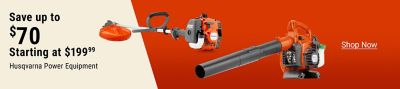 Save up to $70 on Husqvarna power equipment, starting at $199.99, featuring battery-powered string trimmers, an edger, battery, and charger.