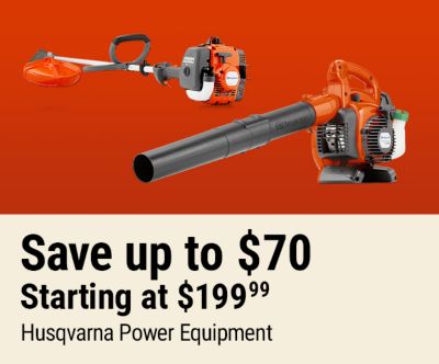 Save up to $70 on Husqvarna power equipment, starting at $199.99, featuring battery-powered string trimmers, an edger, battery, and charger.