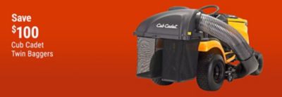 Save $100 on Cub Cadet twin baggers for riding lawn mowers and zero-turn mowers.