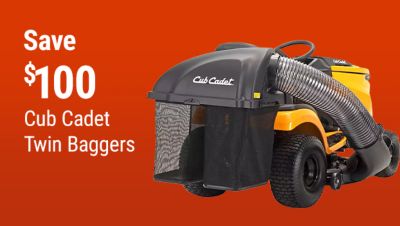 Save $100 on Cub Cadet twin baggers for riding lawn mowers and zero-turn mowers.