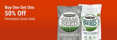 Buy one, get one 50% off Pennington grass seed, including Contractors Mix and Smart Seed grass seed and fertilizer.