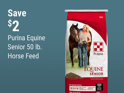 Save $2 on Purina Equine Senior 50 lb. horse feed, a complete feed formulated for senior horses.