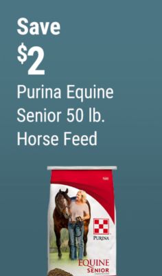 Save $2 on Purina Equine Senior 50 lb. horse feed, a complete feed formulated for senior horses.