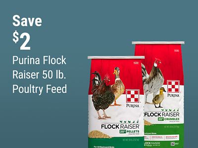 Save $2 on Purina Flock Raiser 50 lb. poultry feed for backyard birds, available in pellets and crumbles.