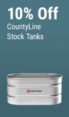 Save 10% on CountyLine stock tanks, featuring a galvanized metal livestock stock tank.