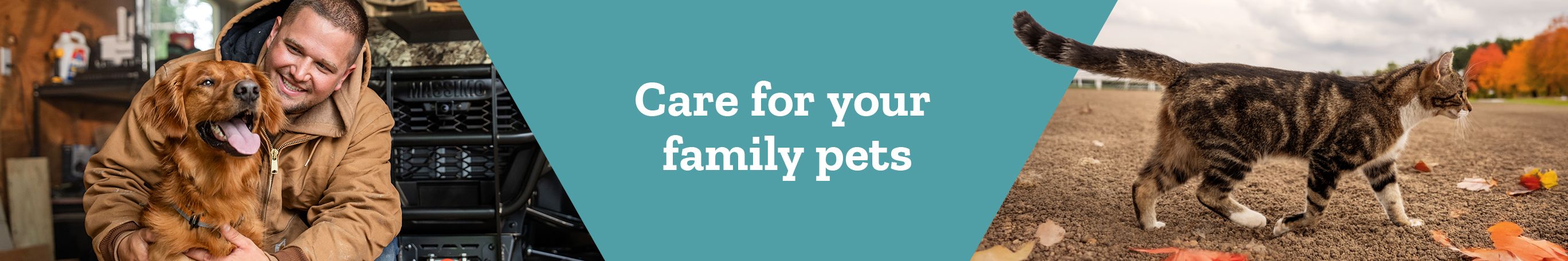 Tractor Supply Company banner promoting pet care. Image shows a man holding a dog on the left and a tabby cat walking outdoors on the right. Text reads Care for your family pets.