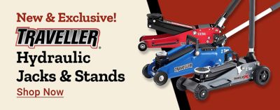 New and exclusive Traveller hydraulic jacks and stands at Tractor Supply, featuring multiple hydraulic floor jack sizes.