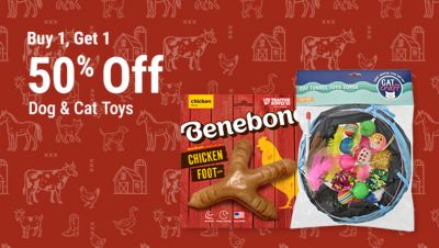 Buy one, get one 50% off dog and cat toys, featuring Benebone dog chews, Cat Craft cat toys, and plush animal dog toys.