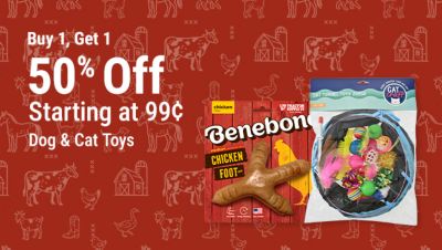 Buy one, get one 50% off dog and cat toys, starting at 99 cents. Featuring Benebone dog chews, Cat Craft cat toys, and plush animal dog toys.