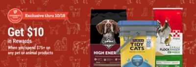 Neighbor's Club Rewards members get $10 in rewards when spending $75 or more on pet or animal products. Exclusive through October 18.