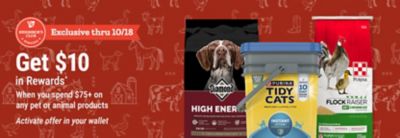 Neighbor's Club Rewards members get $10 in rewards when spending $75 or more on pet or animal products. Activate offer in your wallet. Exclusive through October 18.