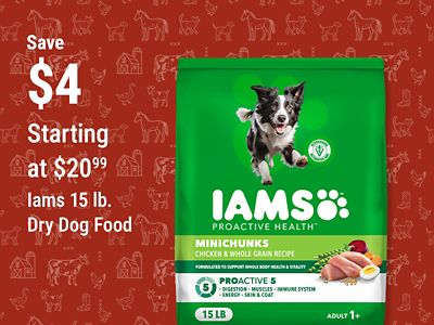 Save $4 on Iams 15 lb. Dry Dog Food, Starting at $20.99.