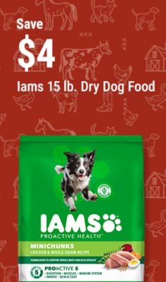 Save $4 on Iams 15 lb. Dry Dog Food, Starting at $20.99.