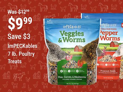 Save $3 on ImPECKables 7 lb. poultry treats, now $9.99, reduced from $12.99, featuring Veggies & Worms and Pepper & Worms chicken treats.