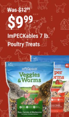 Save $3 on ImPECKables 7 lb. poultry treats, now $9.99, reduced from $12.99, featuring Veggies & Worms and Pepper & Worms chicken treats.