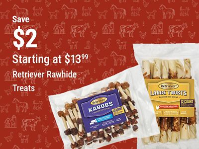 Save $2 on Retriever rawhide dog treats, including Kabobs and Large Twists with chicken wrap.