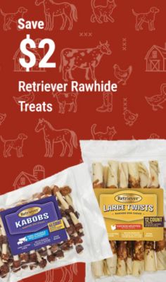 Save $2 on Retriever rawhide dog treats, including Kabobs and Large Twists with chicken wrap.