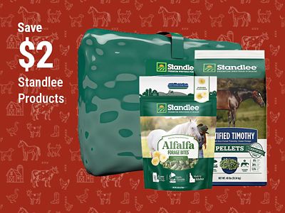 Save $2 on Standlee premium horse forage and feed products, including alfalfa forage bites and certified timothy grass pellets.