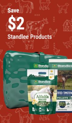 Save $2 on Standlee premium horse forage and feed products, including alfalfa forage bites and certified timothy grass pellets.