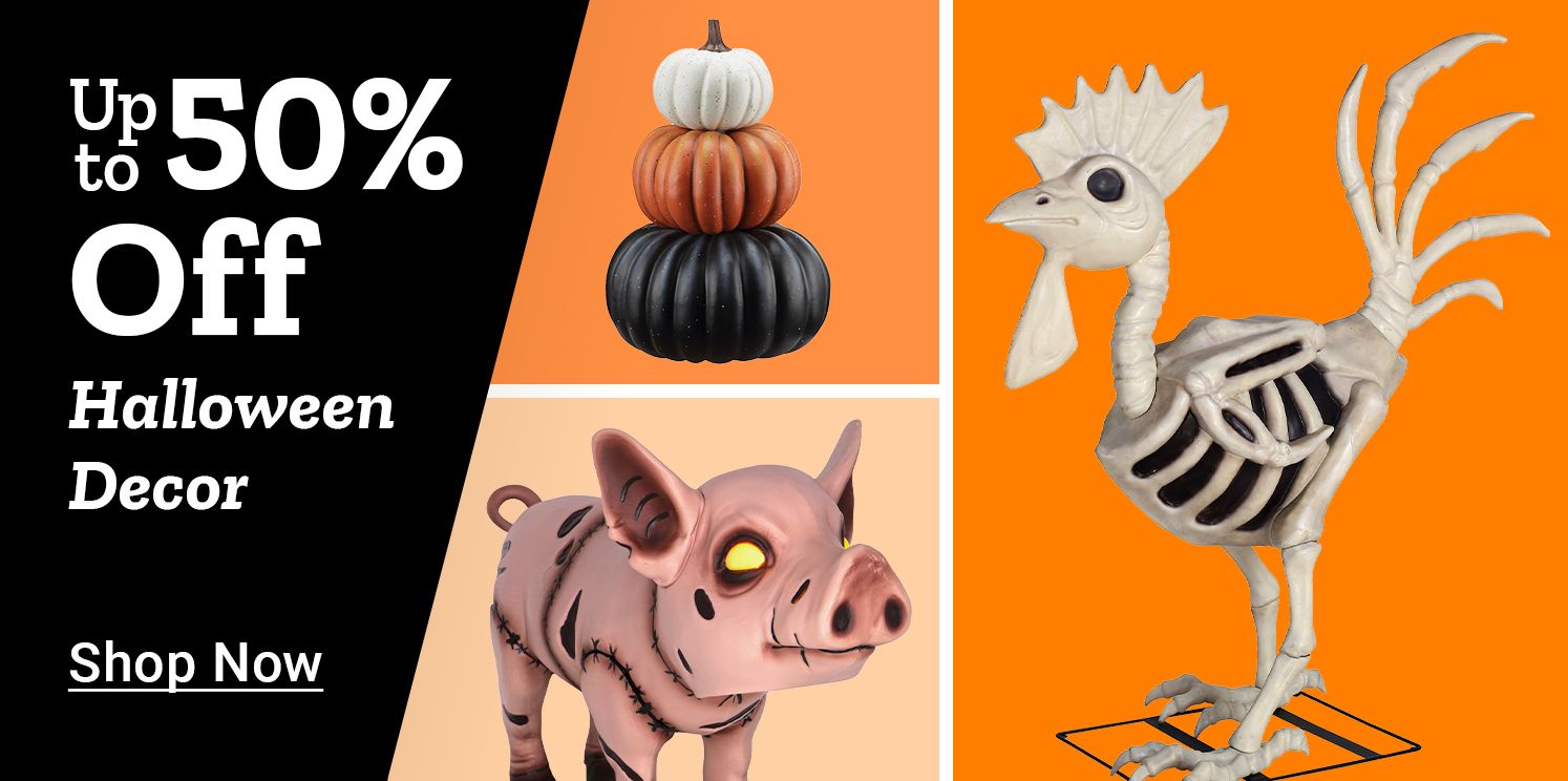 Tractor Supply Company promotion. Save up to 50 percent off Halloween Decor. Image shows stacked pumpkins, a skeleton chicken, and a pig figurine. Shop Now button displayed.