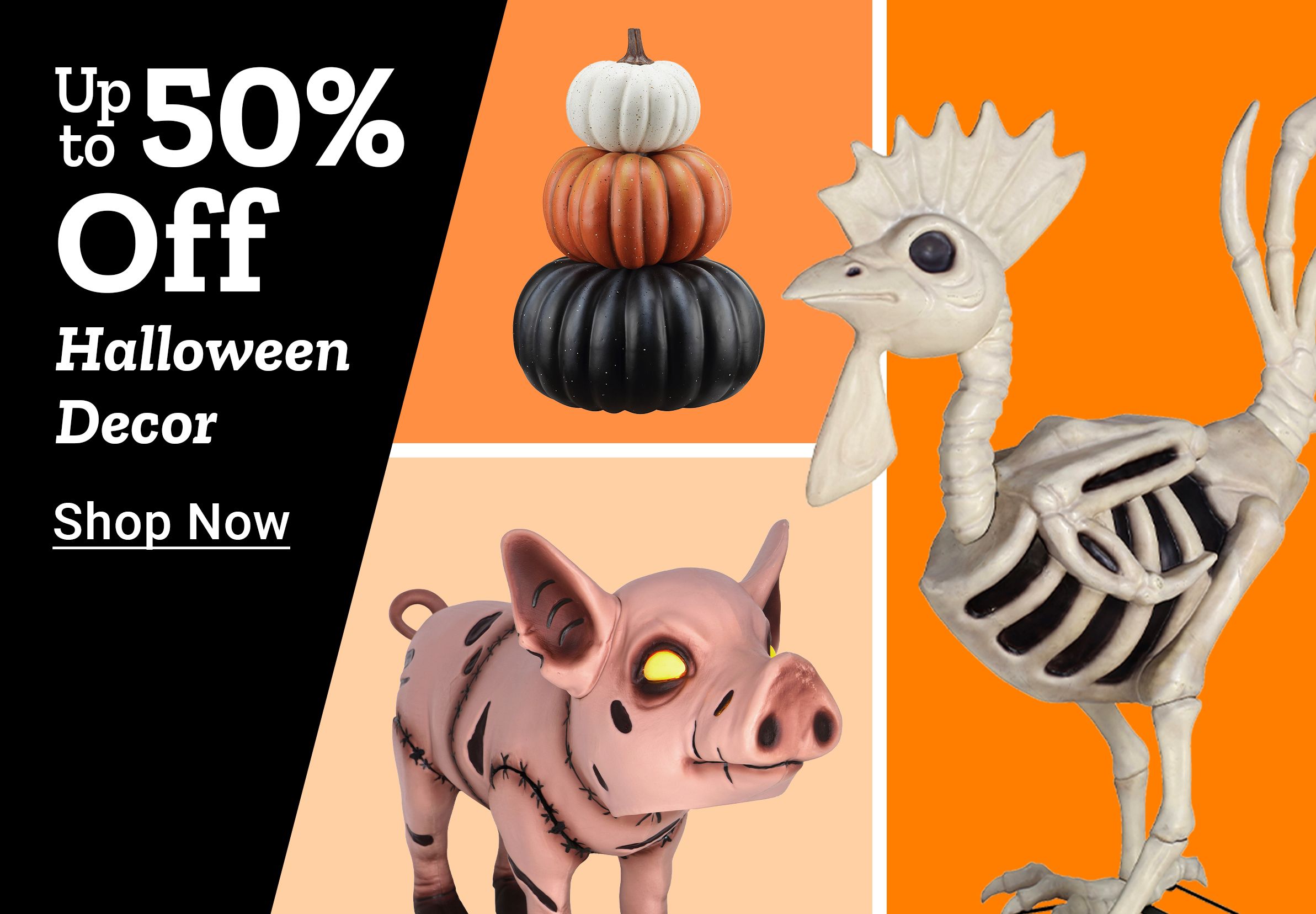 Tractor Supply Company promotion. Save up to 50 percent off Halloween Decor. Image shows stacked pumpkins, a skeleton chicken, and a pig figurine. Shop Now button displayed.