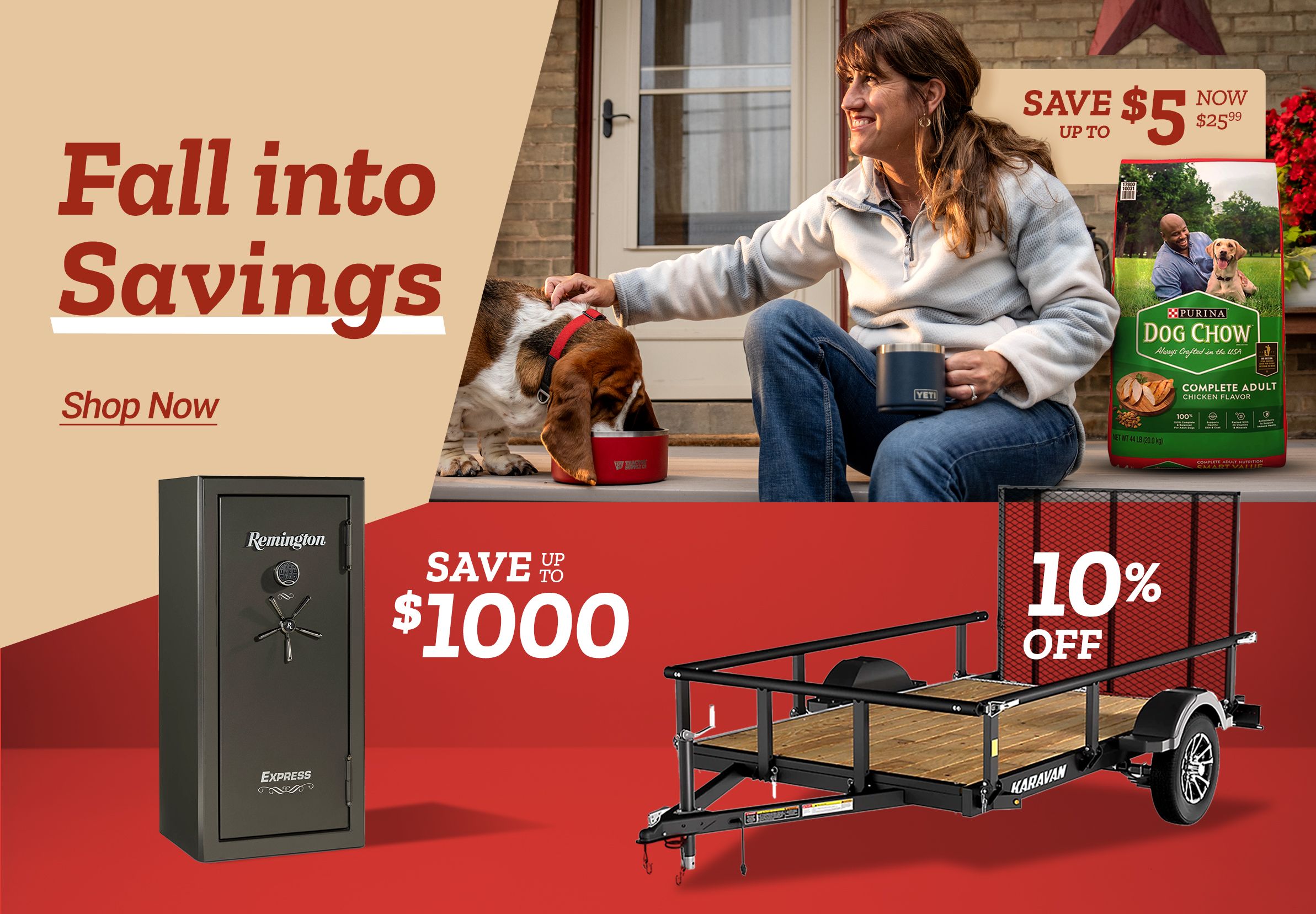 Tractor Supply Company Fall into Savings promotion. Image shows woman feeding her dog next to a bag of Red Collar dog food. Deals include 50 percent off select apparel, save 2000 dollars on a Sports Afield safe, and 10 percent off a utility trailer. Shop Now button displayed.