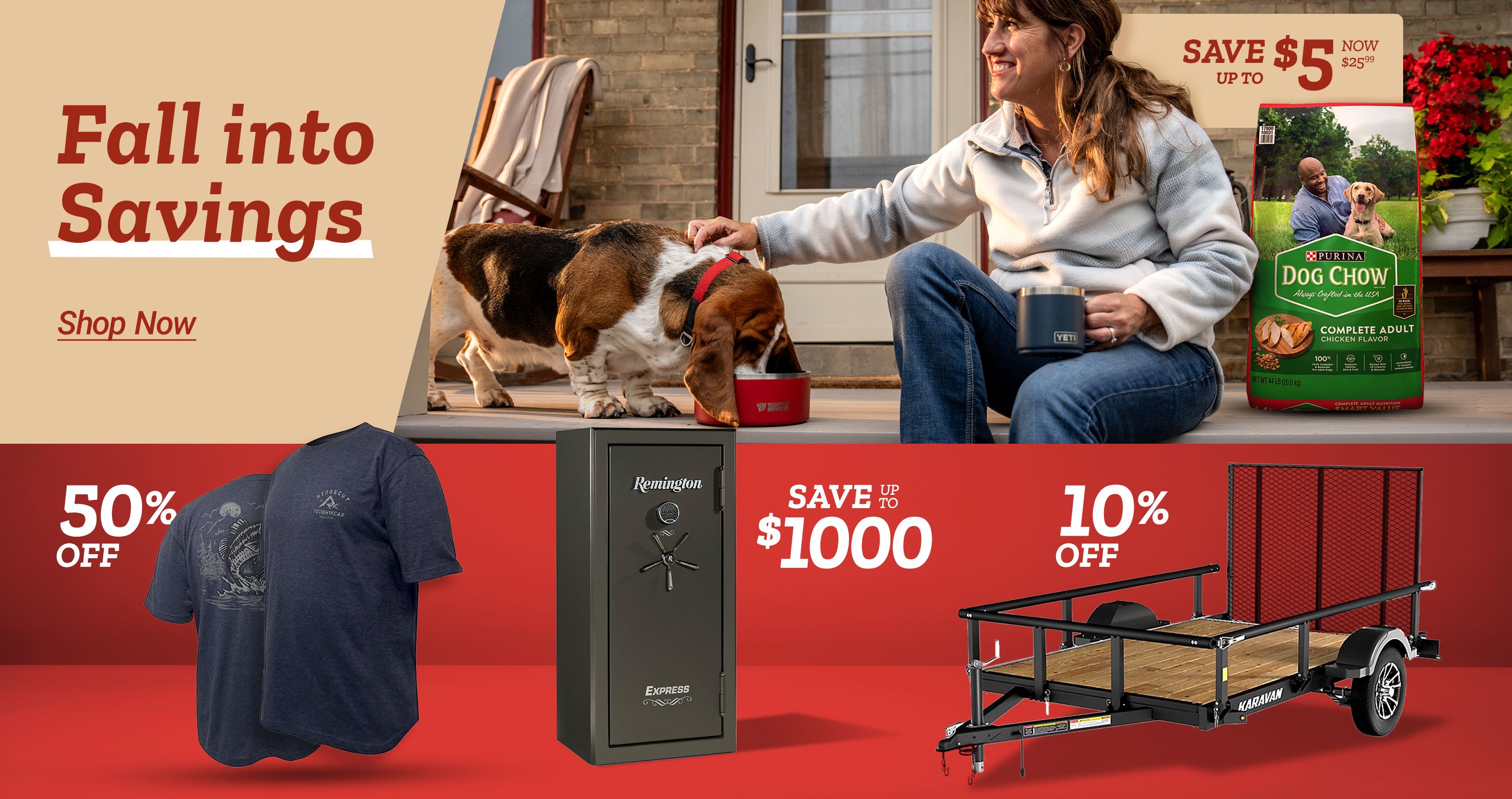 Tractor Supply Company Fall into Savings promotion. Image shows woman feeding her dog next to a bag of Red Collar dog food. Deals include 50 percent off select apparel, save 2000 dollars on a Sports Afield safe, and 10 percent off a utility trailer. Shop Now button displayed.