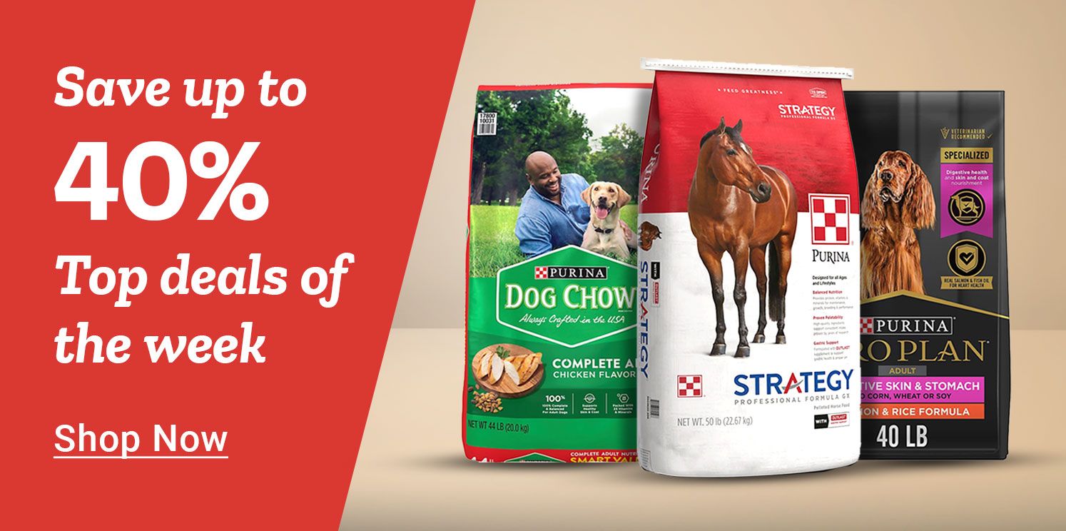 Tractor Supply Company promotion. Save up to 40 percent on top deals of the week. Image shows Purina Dog Chow, Purina Strategy horse feed, and Purina Pro Plan dog food bags. Shop Now button displayed.