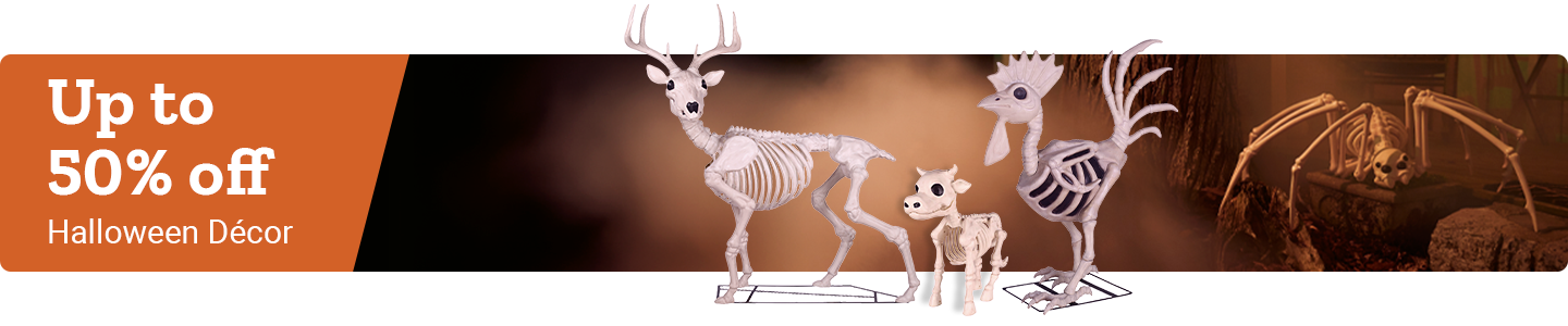 Promotional banner for Tractor Supply Co. Halloween decor sale. Text reads up to 50 percent off Halloween Decor. Image features skeleton decorations shaped like a horse, cow, rooster, and spider with an orange and black background.