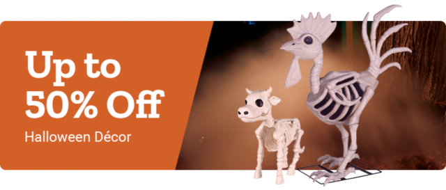 Promotional banner for Tractor Supply Co. Halloween decor sale. Text reads up to 50 percent off Halloween Decor. Image features skeleton decorations shaped like a horse, cow, rooster, and spider with an orange and black background.
