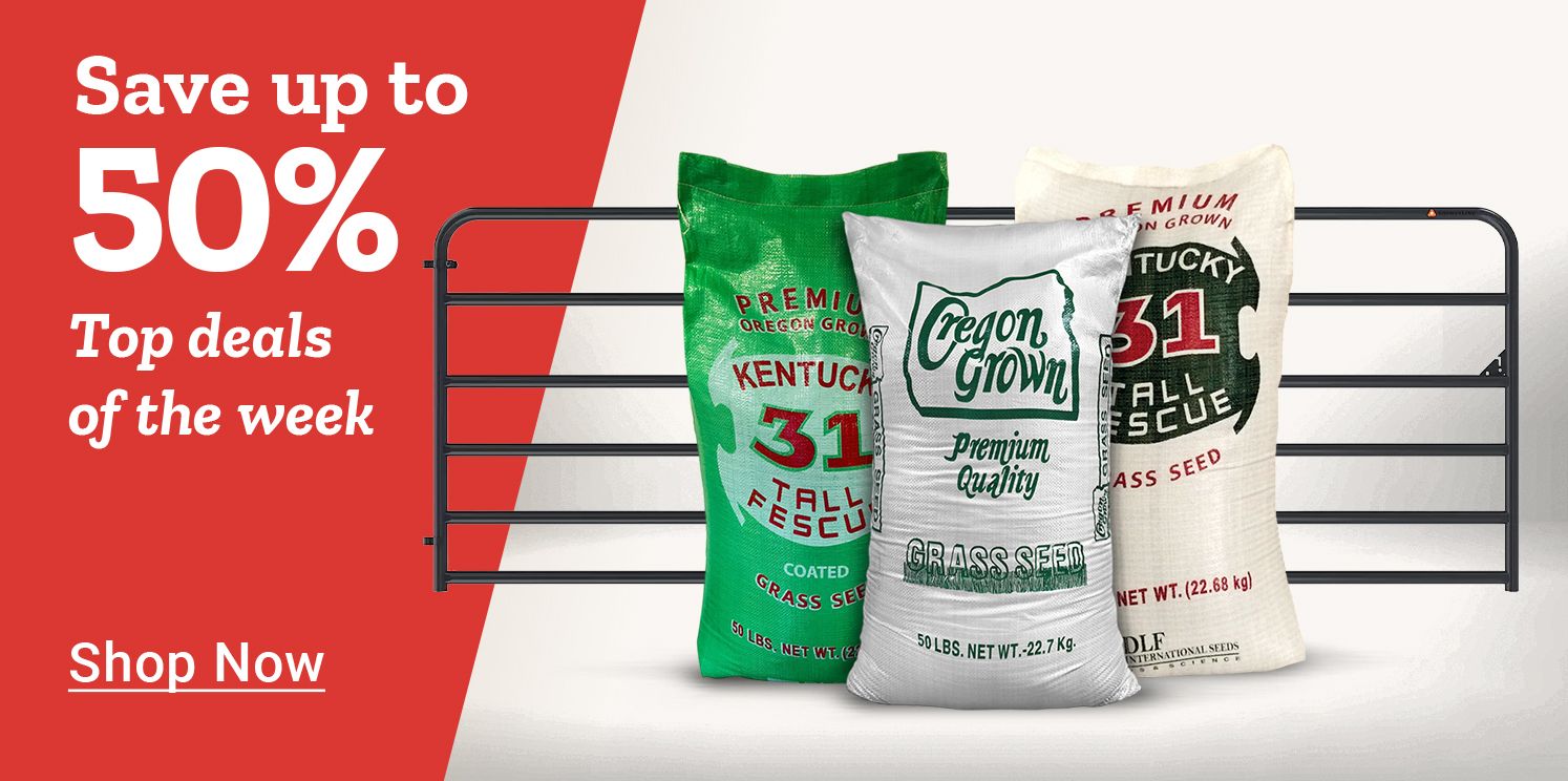 Tractor Supply Co. seasonal promotion offering up to 50% off select items. Image features three 50 lb bags of grass seed, including Premium Oregon Grown Kentucky 31 Tall Fescue and Oregon Grown Premium Quality Grass Seed, placed in front of a metal livestock gate. Red banner reads: 'Up to 50% Off Seasonal Deals – Shop Now.'