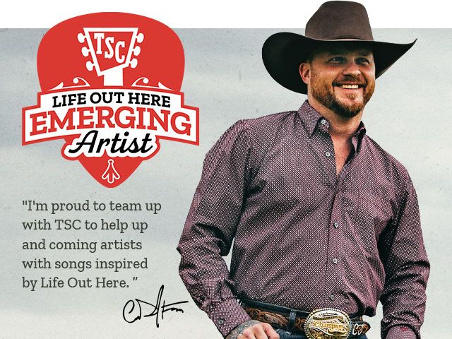 Tractor Supply Company Life Out Here Emerging Artist promotion. Image shows man in cowboy hat and button up shirt smiling beside TSC Life Out Here Emerging Artist logo. Text reads I'm proud to team up with TSC to help up and coming artists with songs inspired by Life Out Here.