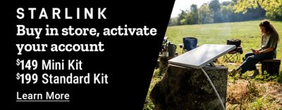 Tractor Supply Company Starlink promotion. Buy in store and activate your account. Starlink Mini Kit for 149 dollars or Standard Kit for 199 dollars. Image shows Starlink satellite equipment set up outdoors with a person using a laptop. Learn More.