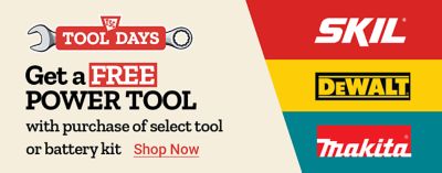 Tractor Supply Company Tool Days promotion. Get a free power tool with purchase of a select tool or battery kit. Featured brands include SKIL, DeWALT, and Makita. Shop Now.