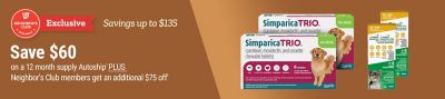 Tractor Supply Company Neighbor's Club exclusive promotion. Save 60 dollars on a 12 month supply with Autoship, plus Neighbor's Club members get an additional 75 dollars off for total savings up to 135 dollars. Image shows Simparica Trio and Credelio Quattro flea, tick, and parasite medications for dogs.