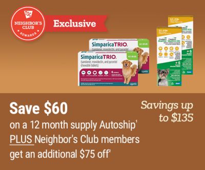 Tractor Supply Company Neighbor's Club exclusive promotion. Save 60 dollars on a 12 month supply with Autoship, plus Neighbor's Club members get an additional 75 dollars off for total savings up to 135 dollars. Image shows Simparica Trio and Credelio Quattro flea, tick, and parasite medications for dogs.