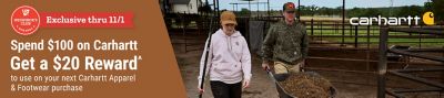 Tractor Supply Company Neighbor's Club exclusive Carhartt promotion through November 1. Spend 100 dollars on Carhartt and get a 20 dollar reward to use on your next Carhartt apparel and footwear purchase. Image shows two people wearing Carhartt clothing while working outdoors on a farm.