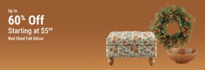 Tractor Supply Company promotion. Save up to 60 percent on Red Shed fall decor starting at 5.99. Image shows a floral upholstered footstool, autumn wreath, and decorative fall bowl on a brown background.