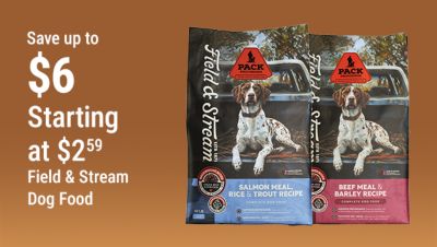 Tractor Supply Company promotion. Save up to 6 dollars on Field and Stream dog food starting at 2.59. Image shows Field and Stream Salmon Meal, Rice and Trout Recipe and Beef Meal and Barley Recipe dry dog food bags on a brown background.