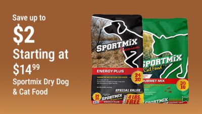 Tractor Supply Company promotion. Save up to 2 dollars on Sportmix dry dog and cat food starting at 14.99. Image shows bags of Sportmix Energy Plus dog food and Sportmix Gourmet Mix cat food on a brown background.
