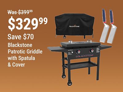 Tractor Supply Company promotion. Blackstone Patriotic Griddle with spatula and cover now 329.99, was 399.99, save 70 dollars. Image shows a Blackstone griddle with cover and two spatulas on a brown background.