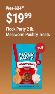 Tractor Supply Company promotion. Flock Party 2 pound mealworm poultry treats now 19.99, was 24.99, save 5 dollars. Image shows a bag of Flock Party Mealworms poultry treats on a brown background.
