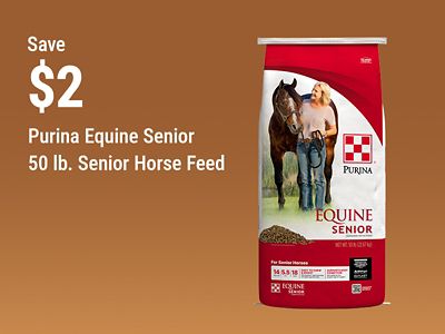 Tractor Supply Company promotion. Save 2 dollars on Purina Equine Senior 50 pound senior horse feed. Image shows a bag of Purina Equine Senior horse feed on a brown background.