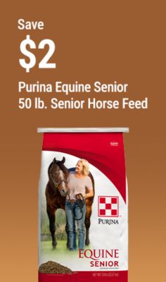 Tractor Supply Company promotion. Save 2 dollars on Purina Equine Senior 50 pound senior horse feed. Image shows a bag of Purina Equine Senior horse feed on a brown background.