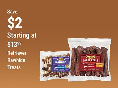 Tractor Supply Company promotion. Save 2 dollars on Retriever rawhide dog treats starting at 13.99. Image shows bags of Retriever rawhide kabobs and large rolls on a brown background.
