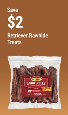 Tractor Supply Company promotion. Save 2 dollars on Retriever rawhide dog treats starting at 13.99. Image shows bags of Retriever rawhide kabobs and large rolls on a brown background.