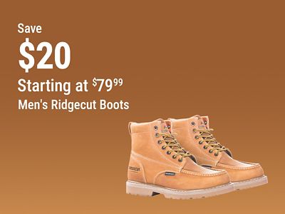 Tractor Supply Company promotion. Save 20 dollars on men's Ridgecut boots starting at 79.99. Image shows a pair of tan Ridgecut lace-up work boots on a brown background.