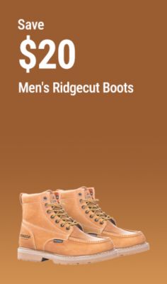 Tractor Supply Company promotion. Save 20 dollars on men's Ridgecut boots starting at 79.99. Image shows a pair of tan Ridgecut lace-up work boots on a brown background.
